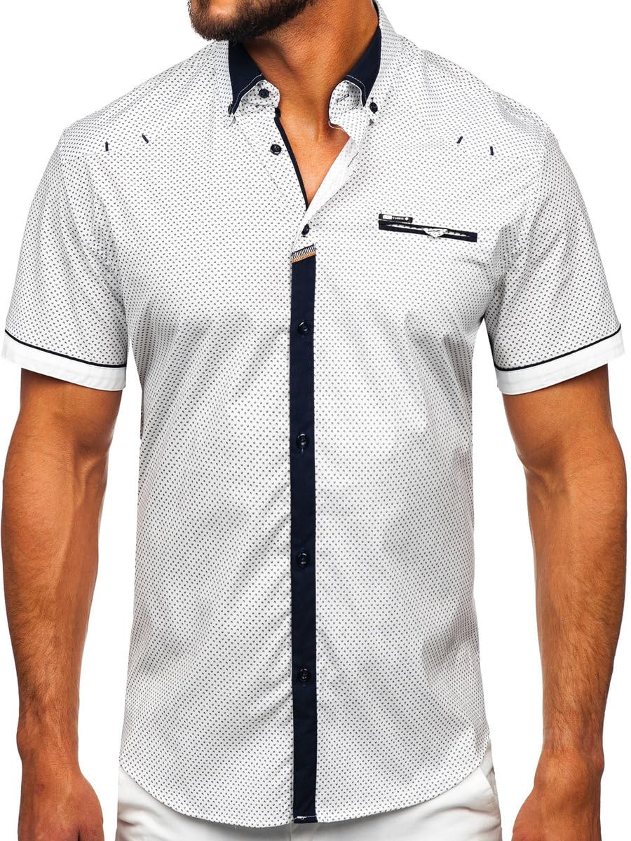 BOLF Herren Kurzarmhemd Kariert Freizeithemd Kurzärmliges Elegant Business Party Hemd Kentkragen Sommer Farbwahl Slim Fit Casual Style 19616 Weiß M [2B2]