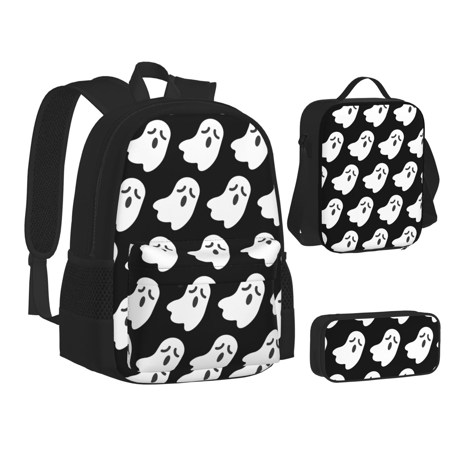 WURTON Süßes Geister-Halloween-Muster, Rucksack, Lunchbox-Set, 3-in-1 Büchertasche und Federmäppchen, passende Kombination, Schwarz, Einheitsgröße