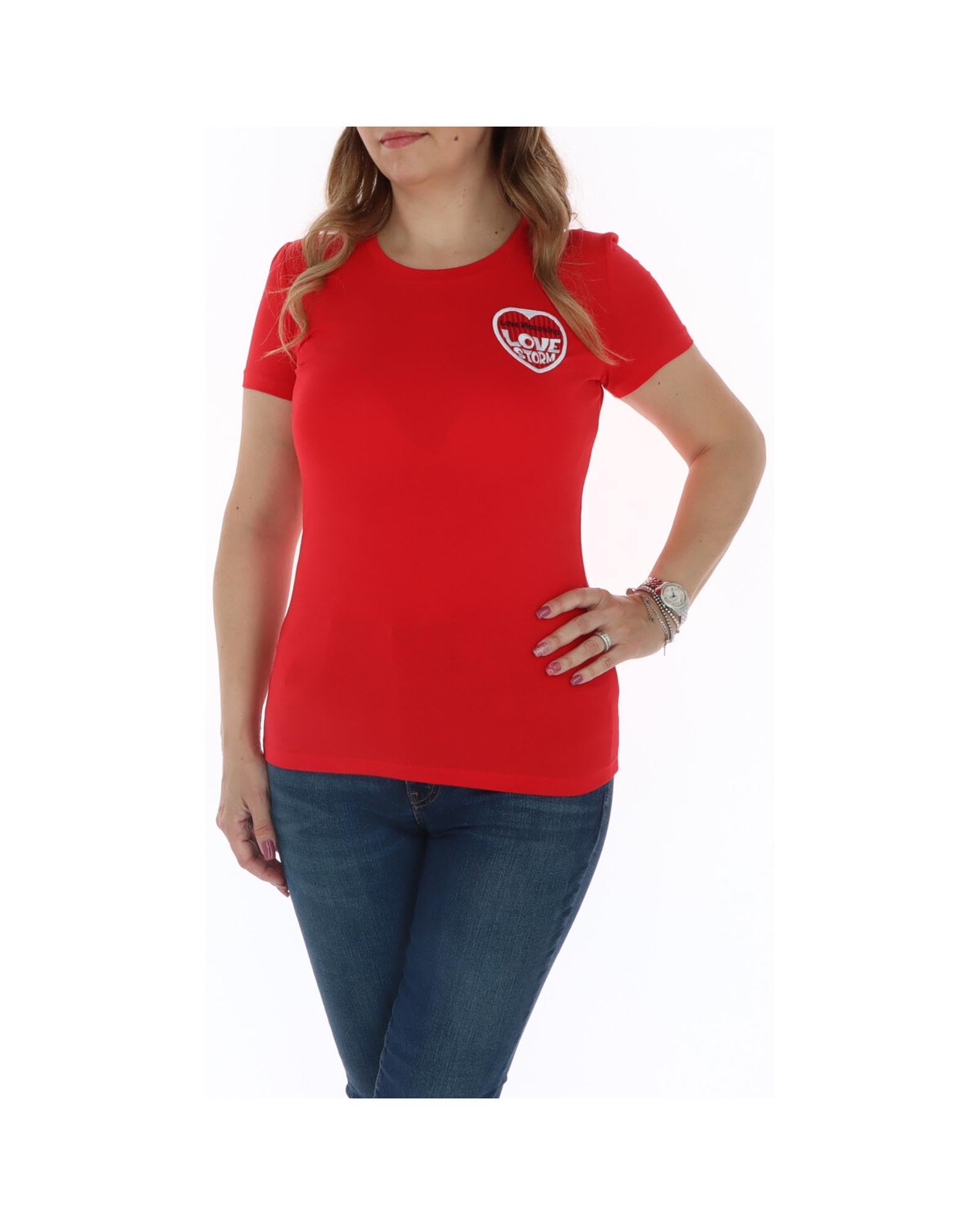 Love Moschino Women's Tight-fit Short-Sleeved with Embroidered Love Storm Knit Effect Heart Patch T-Shirt, RED, 42