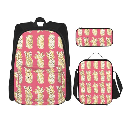 WURTON Schulrucksack-Set mit Ananas-Druck, 3-in-1-Büchertaschen-Set mit Lunchbox, Federmäppchen, Reise-Laptop-Tagesrucksäcke