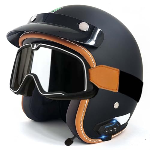 Open-Face-Helm Für Erwachsene, Bluetooth-Halbhelm, Leichter, Atmungsaktiver Retro-Scooter-Helm Mit Schnalle, DOT/ECE-Zulassung Für Männer Und Frauen D,XL61-62CM