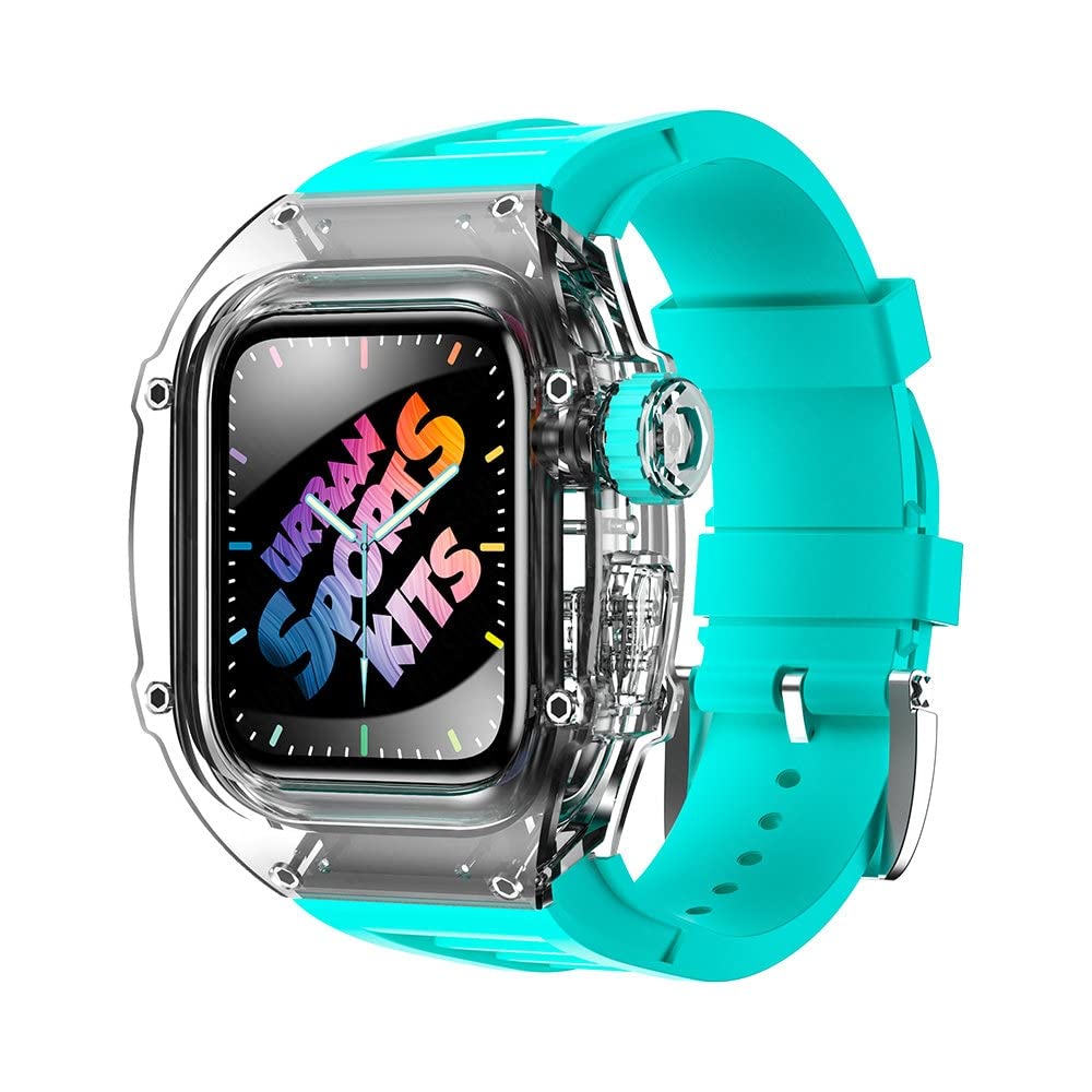 TONECY 45 mm transparentes Mod-Kit-Gehäuse für Apple Watch Band 8, 7, 45, 44 mm, Gummi-Sportarmband für iWatch Serie 8, 7, 6, 5, 4 SE, Silikonarmband (Farbe: Tiffany-Blau, Größe: 44 mm für 6/5/4/SE)