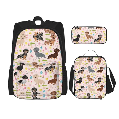 WURTON 3-in-1-Büchertaschen-Set, verstellbarer Schulter-Rucksack, Lunch-Tasche, Federmäppchen, Tasche, Schwarz, Einheitsgröße