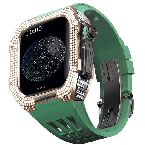 TONECY Gummiarmband, Lünette aus Titanlegierung für iWatch SE/4/5/6, Apple Mod Watch-Zubehör, Ersatzarmband aus Edelstahl für iWatch SE-Serie 44 mm (Farbe: Grün 9, Größe: 44 mm)