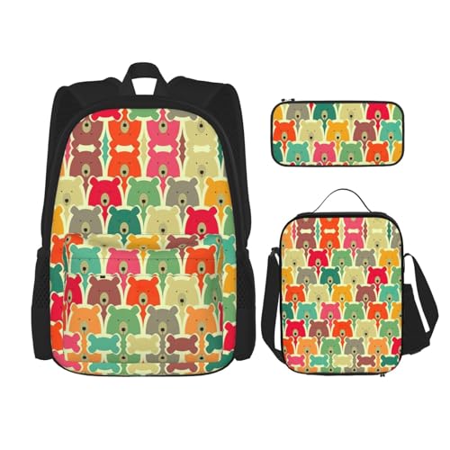 WURTON Bunte Bären-Druck-Schulrucksack-3-in-1-Büchertasche-Set mit Lunchbox-Federmäppchen Reise-Laptop-Tagesrucksäcke