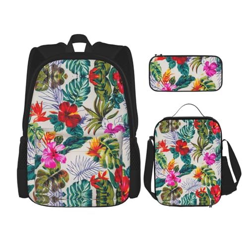 WURTON Schulrucksack-Set mit Blumen und Blättern, 3-in-1, Büchertaschen-Set mit Lunchbox, Federmäppchen, Reise-Laptop, Tagesrucksäcke