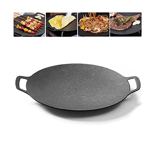 Rund Grillpfanne Gusseisen, Koreanische Grillpfanne Bbq Grillplatte, Antihaft Grillpfanne Bratpfanne mit Doppelgriff, 30cm Gusseiserne Pfanne für Grill, Gasherd, Induktion, Indoor, Camping, Picknick (