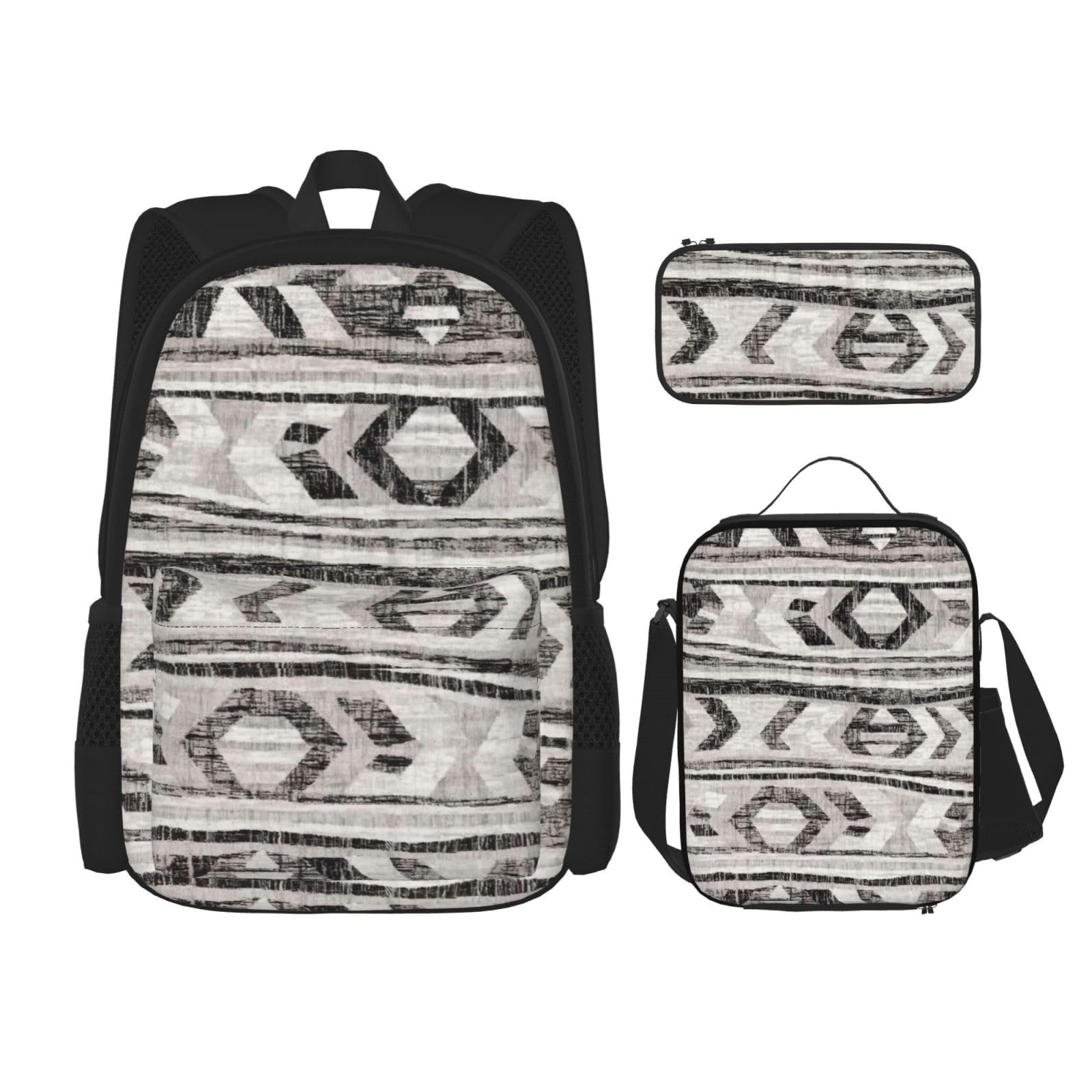 WURTON Grauer Tribal-Druck, verstellbare Schultergurte, Rucksack-Set, Lunchtasche, Federmäppchen, Kombinationstaschen-Set