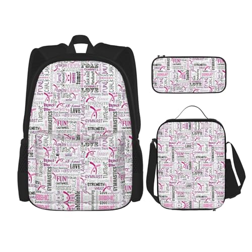 WURTON Gymnastik Rosa Druck Verstellbare Schultergurte Rucksack Set Mittagessen Tasche Federmäppchen Kombination Taschen Set, Schwarz, Einheitsgröße