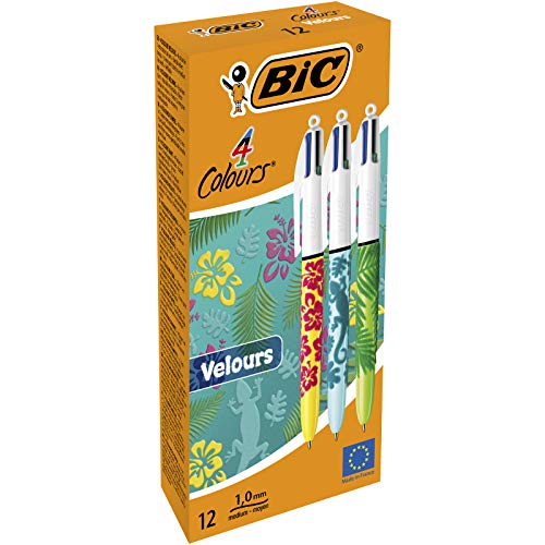 BIC 4 Colours Velours Vierfarb-Kugelschreiber Dschungel-Motiv mit mittlerer Spitze - 12er Pack