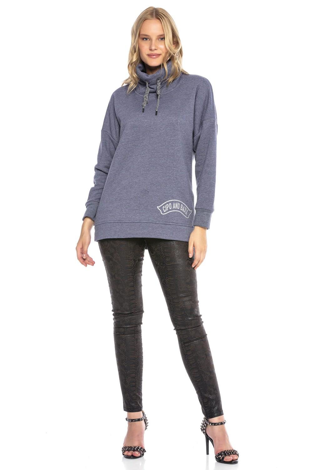 Cipo & Baxx Damen Sweater Pullover Hoodie Langarm Sweatshirt mit Hoherkragen Indigo L