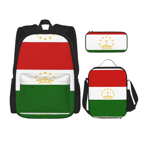 WURTON Lunchbox mit Tadschikistan-Motiv, Federmäppchen, Rucksack-Set, 3-teilig, verstellbare Riemen, langlebig, leicht, Schwarz, One Size