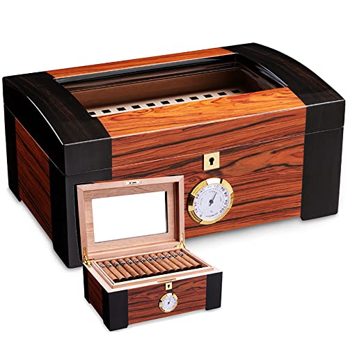 JMbpkduHs Zigarren-Humidor,Desktop-Zigarrenbox Aus Zedernholz,Mit Hygrometer Und Luftbefeuchter,Transparenter Glasabdeckung+Sicherheitsschloss,Für 100 Zigarren,Geschenk Für Zigarrenliebhaber,A