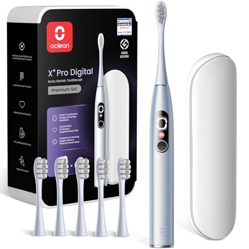 Oclean Schallzahnbürste X Series Pro Digital Travel Set mit Touch-Display, 6 Bürstenköpfe mit Reiseetui & Timer, 3 Modi Elektrische Zahnbürste, Electric Toothbrush mit 30 Tage Akkulaufzeit, Perlsilber