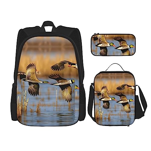 WURTON Jagdfliegen-Wilddruck, Reise-Lunchbox, Federmäppchen, Rucksack-Set, 3-teilig, verstellbare Riemen, leicht