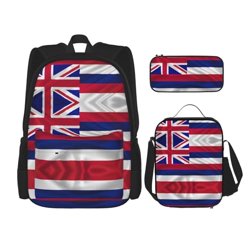 WURTON Rucksack-Set, Motiv: Flagge von Hawaii, amerikanischer Druck, verstellbare Schultergurte, Lunch-Tasche, Federmäppchen, Kombinationstaschen-Set