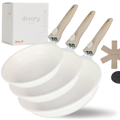 DIVORY Pfannenset 3-teilig Pfanne 20cm, 24cm, 28cm mit abnehmbaren Griff, Induktion, Antihaft-Beschichtete Bratpfanne hoch + Pfannenschoner - Induktionspfanne