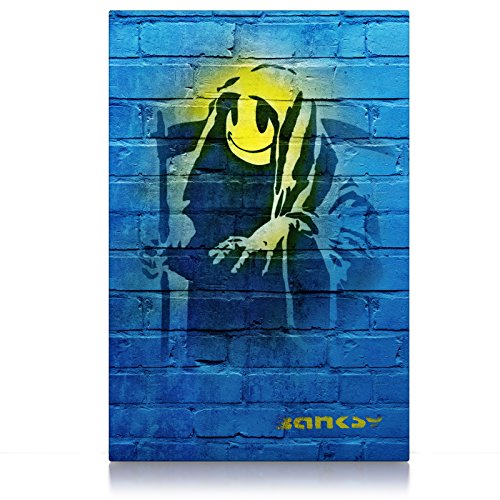 Banksy - Grin Reaper - Leinwand Bild - Graffiti Smiley Sensenmann Tod Wandbild aufhängefertig Kunst Druck Bilder Wand Deko Modern Art XXL Wohnzimmer (80 x 60 cm, Leinwand auf Keilrahmen, Grin Reaper)