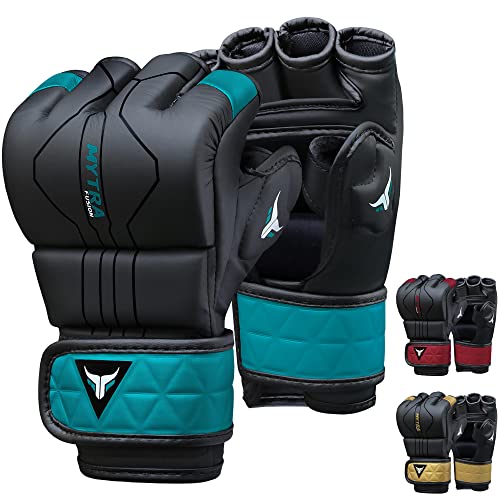 Mytra Fusion MMA Handschuhe mit offener belüfteter Handfläche MMA Sparring Handschuhe Kickboxen, Grappling, Training, Cage Fighting Mixed Martial Arts Handschuhe (L, Black/Turquoise)