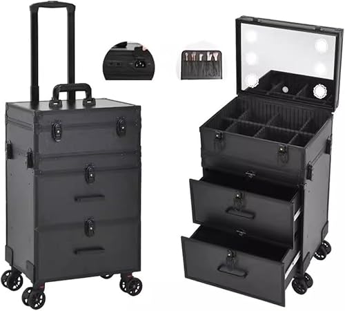 Reisetrolley-Box mit LED-Licht, rollender Make-up-Zugkoffer, Beauty-Aufbewahrungskoffer, mit Schubladen, einziehbarem Griff, 360°-Universalrädern, Schwarz-a, 37 x 27 x 67 cm