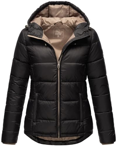 MARIKOO Damen Steppjacke gesteppte Winterjacke mit Kapuze B927-Leand-Schwarz-Gr.36