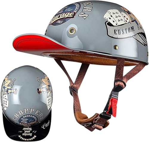 Baseball Cap Halbhelm für Motorradfahrer mit offenem Gesicht, ECE-geprüfter Halbschalen-Motorradhelm im Retro-Stil für Männer und Frauen, leichter Roller-Moped-Straßenrad-ATV-Helm F,XXL=(63~64cm)