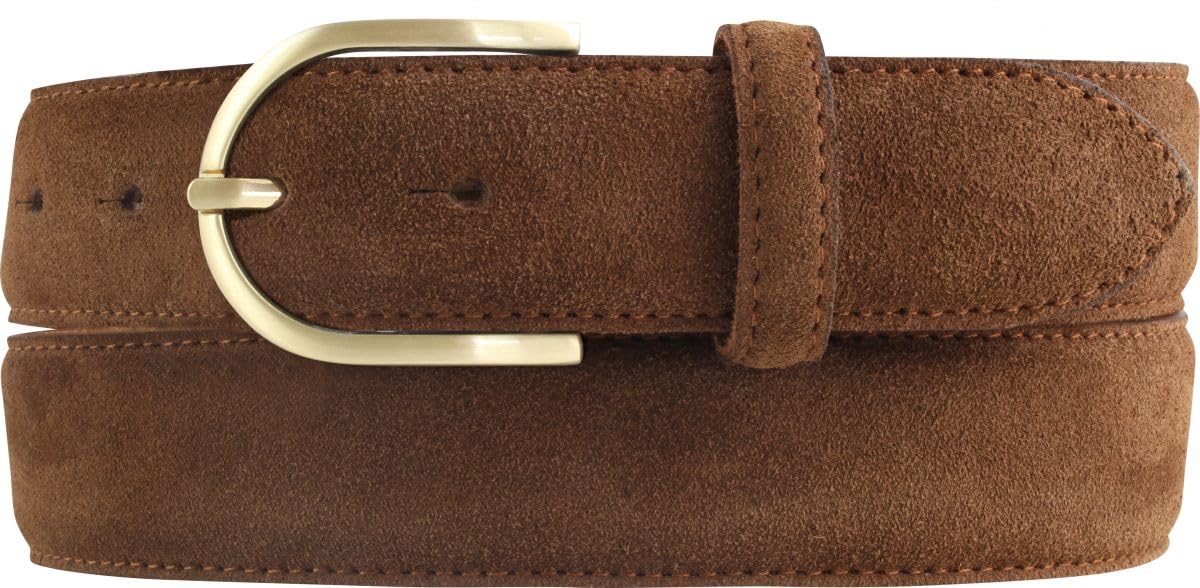 BELTINGER Damen-Gürtel aus Veloursleder 3,5 cm | Velour-Ledergürtel für Damen 35mm | Wildleder-Gürtel mit runder, goldener Gürtelschließe | Tabac 120cm