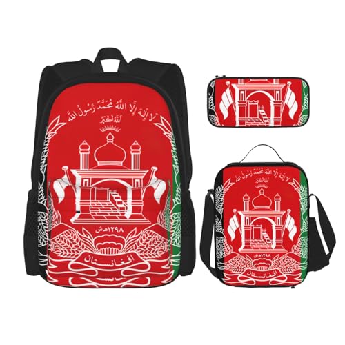 WURTON Schulterrucksack, Motiv: Flagge von Afghanistan, 3-in-1, Büchertaschen-Set, Lunchbox, Federmäppchen, Reisen, Laptop, Tagesrucksack, Schwarz, Einheitsgröße, Schwarz , Einheitsgröße