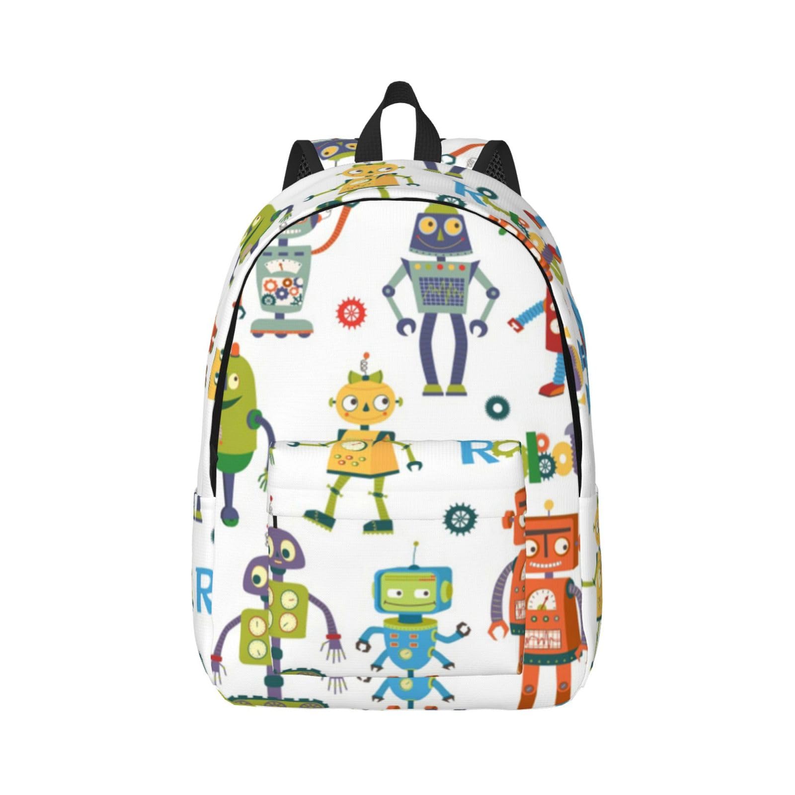 Niedlicher Cartoon Roboter Druck Unisex Leinwand Rucksack Niedlich Reise Sport Casual Ästhetischer Rucksack, Schwarz , S