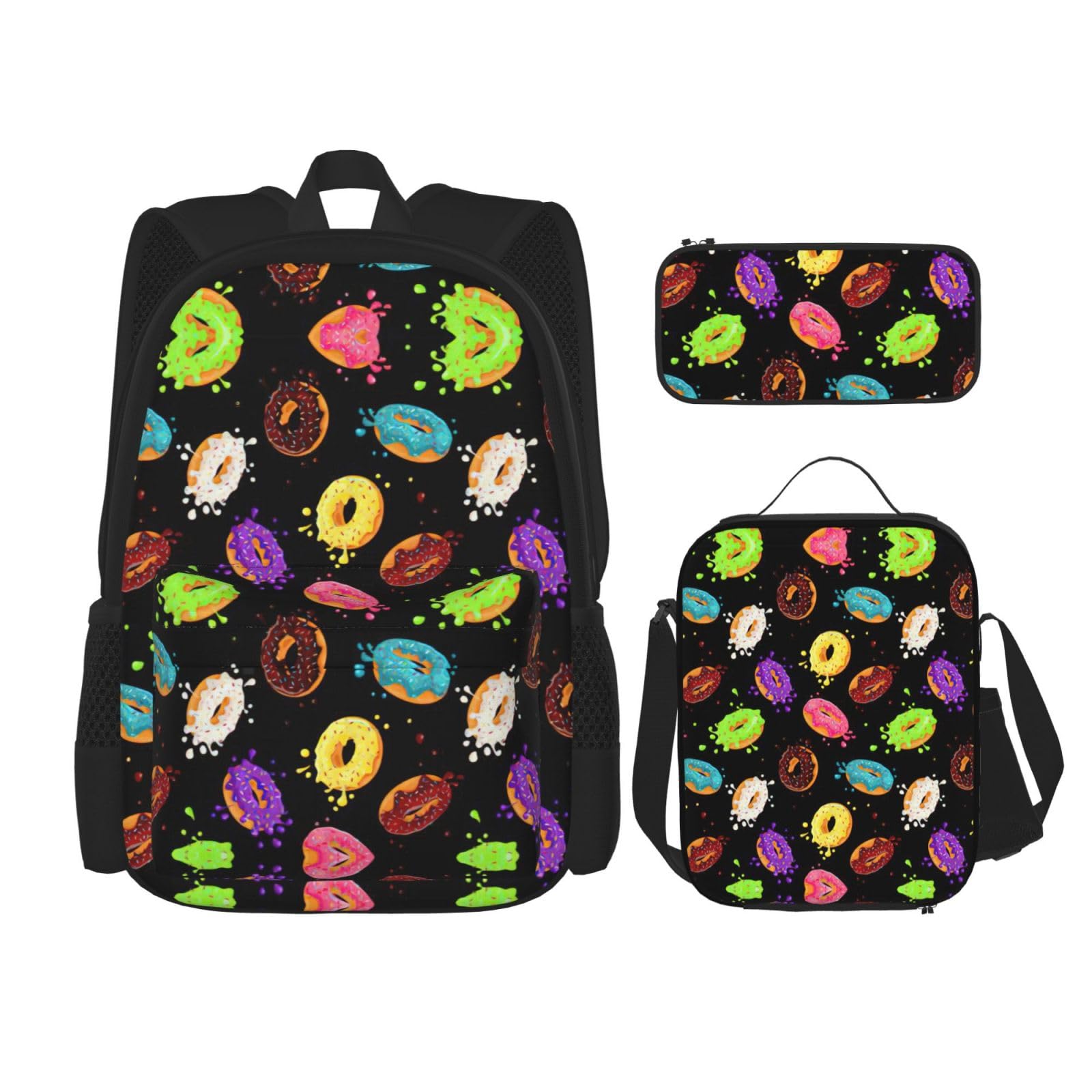 WURTON Rucksack mit Donut-Druck, Schultasche mit Lunchtasche, Federmäppchen, Kombination, Schultaschen-Set