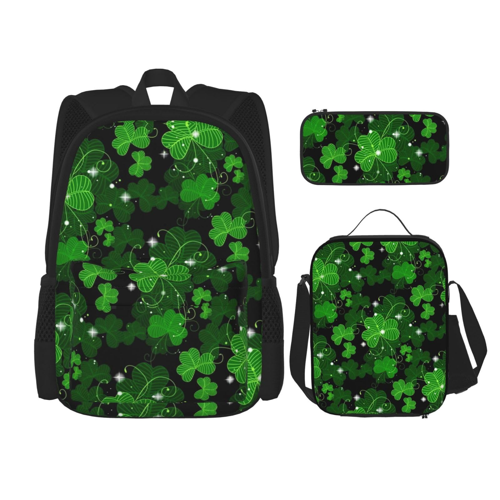 WURTON St. Patricks Day 3-in-1 Sets mit Blätteraufdruck, lässiger verstellbarer Schulter-Rucksack, Lunch-Tasche, Federmäppchen, Beutelbox, Schwarz, Einheitsgröße