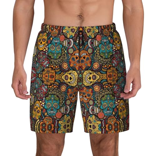 YQxwJL Bunte Herren-Badehose mit Totenkopf-Aufdruck, doppellagig, schnell trocknend, Strand-Shorts, dehnbar, Fitnessstudio, Surfen, Schwarz , 56