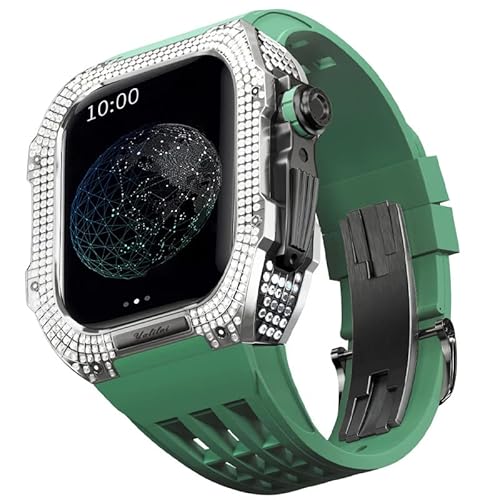 TONECY Uhren-Modifikationsset, Luxus-Uhrenarmband-Set für Apple Watch 8 Ultra, 45 mm, luxuriöses Viton-Armband, Titangehäuse für iWatch 7, 8, 45 mm, Upgrade-Modifikation (Farbe: Grün 8, Größe: 45 mm)