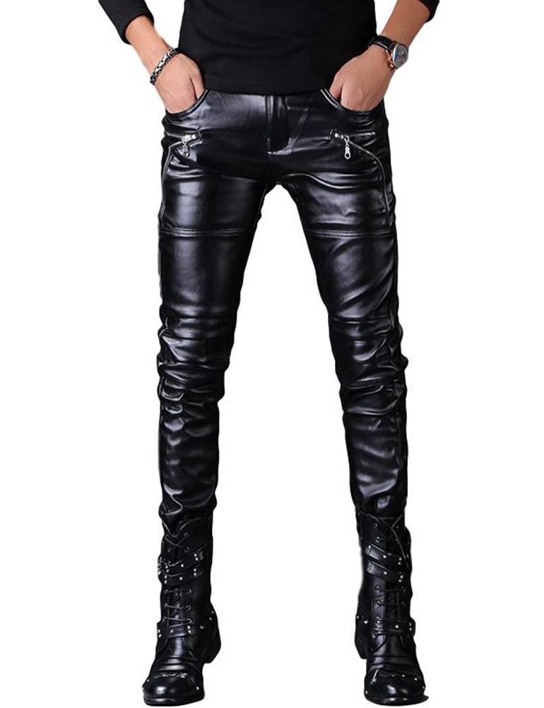 Idopy Men`s Rock Steampunk Lace Up PU Leather Pants Slim Fit (32, Black X149)