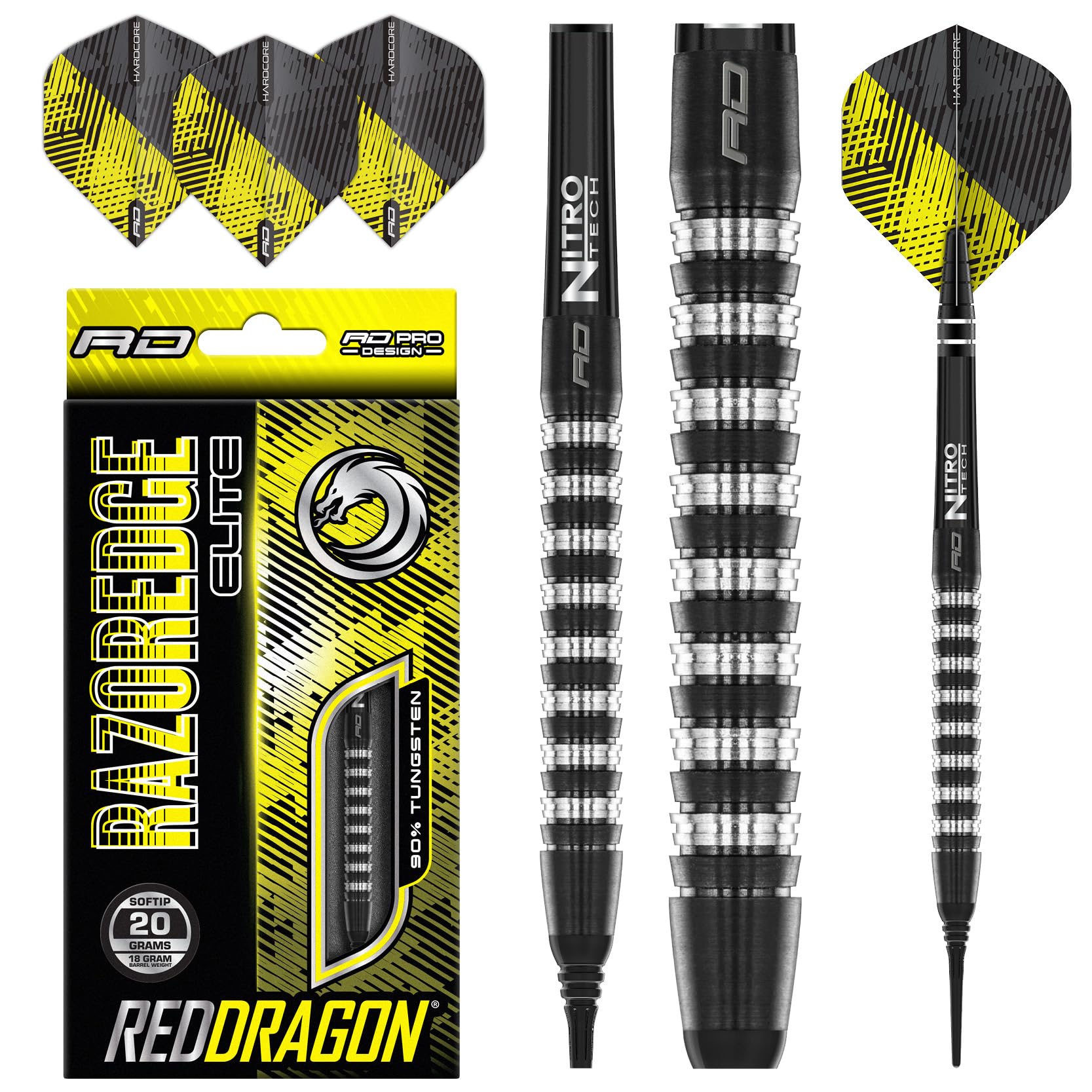 RED DRAGON Razor Edge Elite 18 Gramm Softip Premium Tungsten Darts Set mit Flights und Stielen