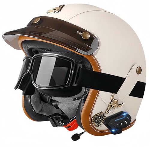 Bluetooth-Helme, Vintage-Motorrad-Halbhelm, ECE-geprüfter offener Mopedhelm mit doppelter Größenverstellung für Cruiser-Bikes, Erwachsene, Männer und Frauen C,L57-60CM