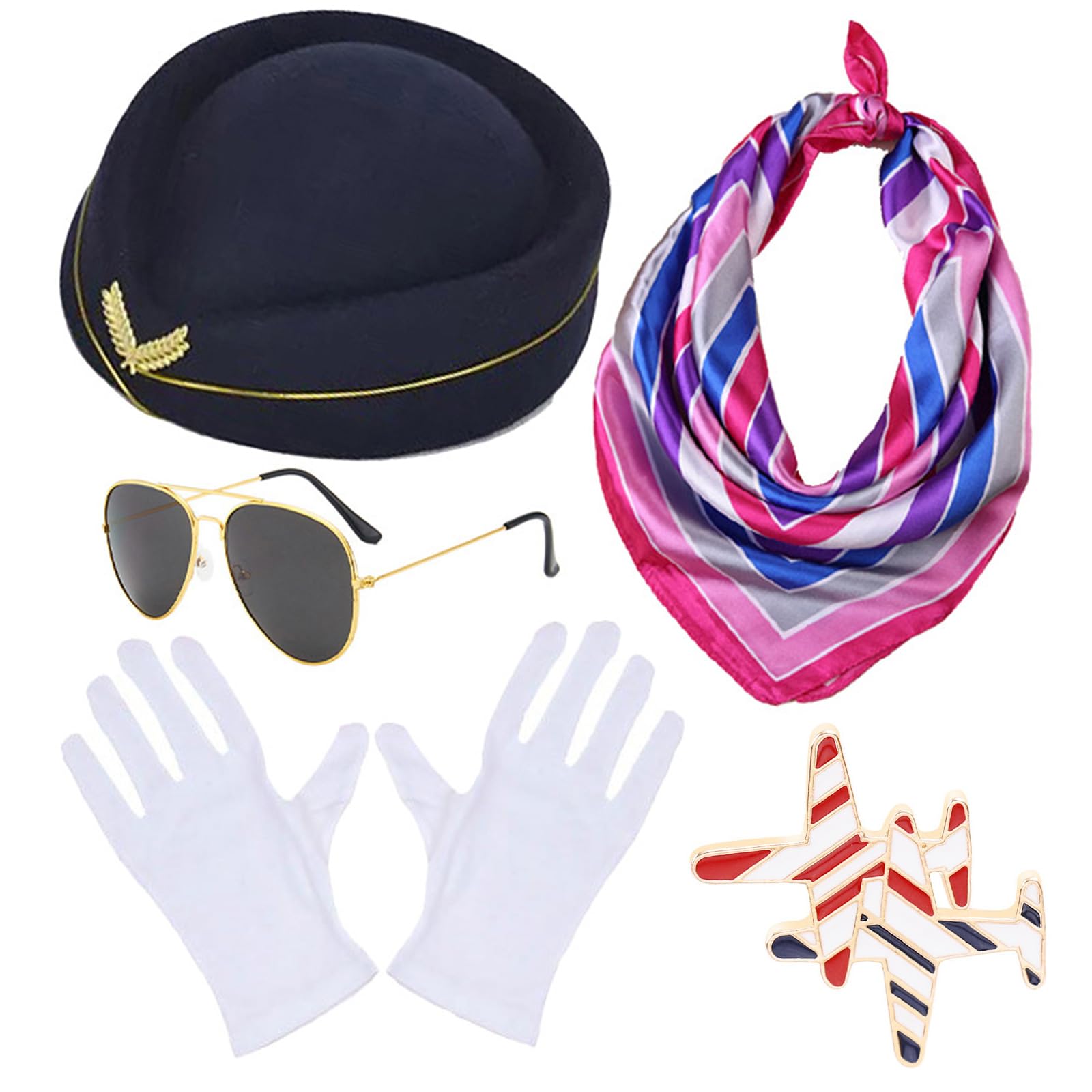 Mehrfarbige Stewardess-Hut + Sonnenbrille + Taschentücher/Handschuhe/Brosche für Erwachsene, Damen, Halloween, Karneval, Rollenspiel, Kostüm, Flugbegleiter, Hut und Schal, Flugbegleiter-Outfit,