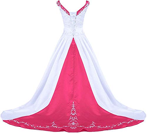 Zorayi Damen V-Ausschnitt Kapelle-Schleppe Perlen Stickerei Satin Hochzeitskleid Brautkleider Weiß & Rose Größe 54