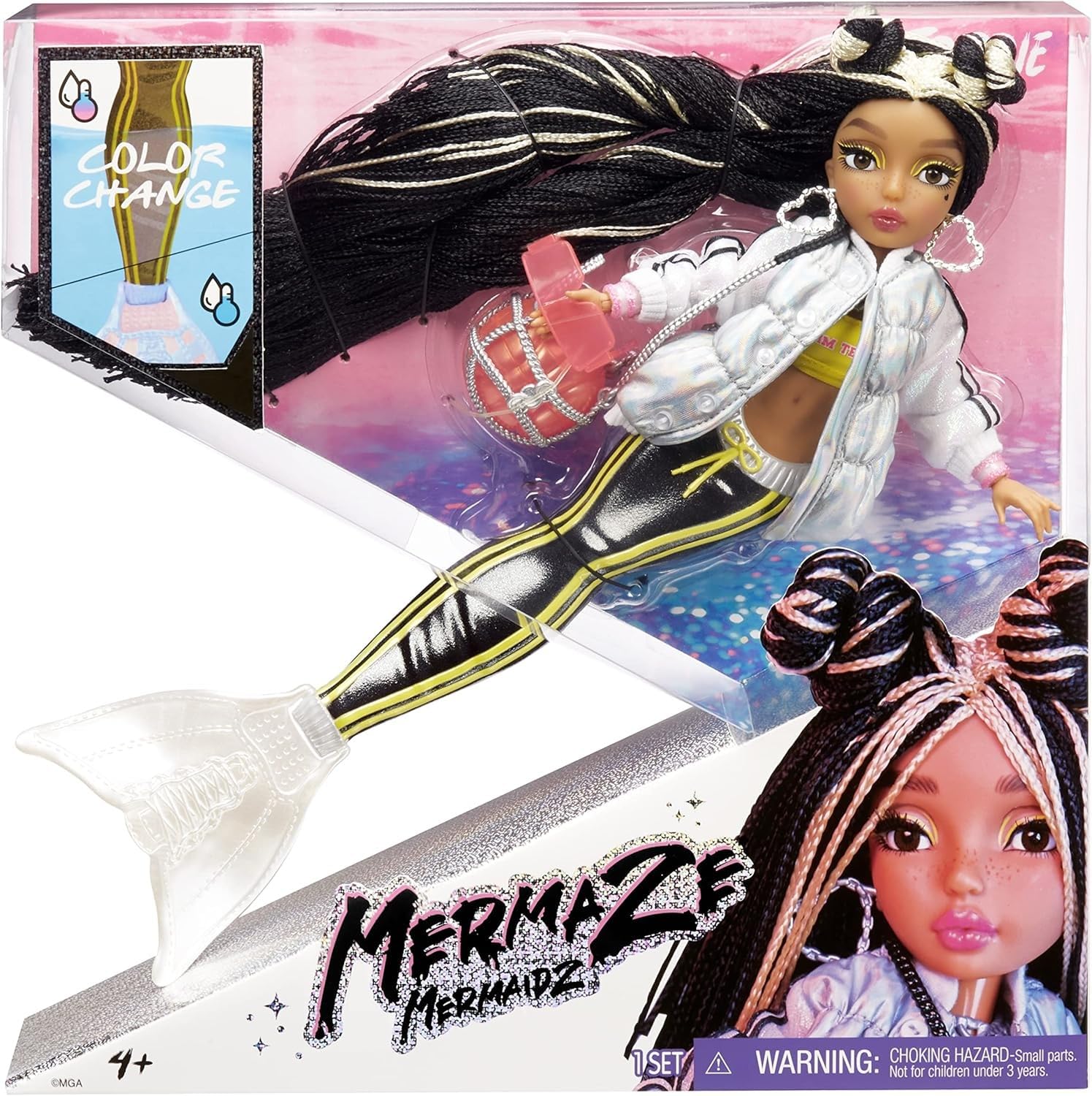 MGA Entertainment Mermaidz - JORDIE - Meerjungfrauen Puppe mit Farbwechsel & Schwarz-Blondem Haar - Inklusive Outfit & Zubehör - Voll beweglich - Zum Sammeln - Für Kinder ab 4 Jahren 580836