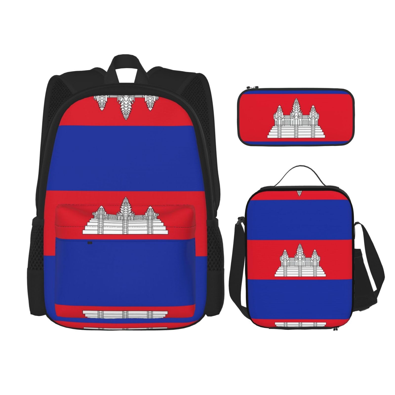 WURTON Rucksack-Set mit Kambodscha-Flaggen-Druck, verstellbare Schultergurte, Lunch-Tasche, Federmäppchen, Kombinationstaschen-Set, Schwarz, One Size