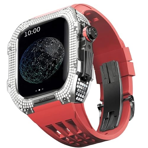 KANUZ Gummiarmband, Lünette aus Titanlegierung für iWatch SE/4/5/6, Apple Mod Watch-Zubehör, Ersatzarmband aus Edelstahl für iWatch SE-Serie 44 mm (Farbe: Rot 8, Größe: 44 mm)