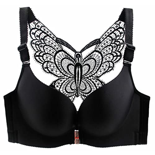 ZESLIV Damen BH Vorderverschluss ohne Bügel 90C Schwarz Push Up BH mit Schmetterlingsrückseite große größen Frauen Wohlfühl Bustier Spitzen Strass Bra