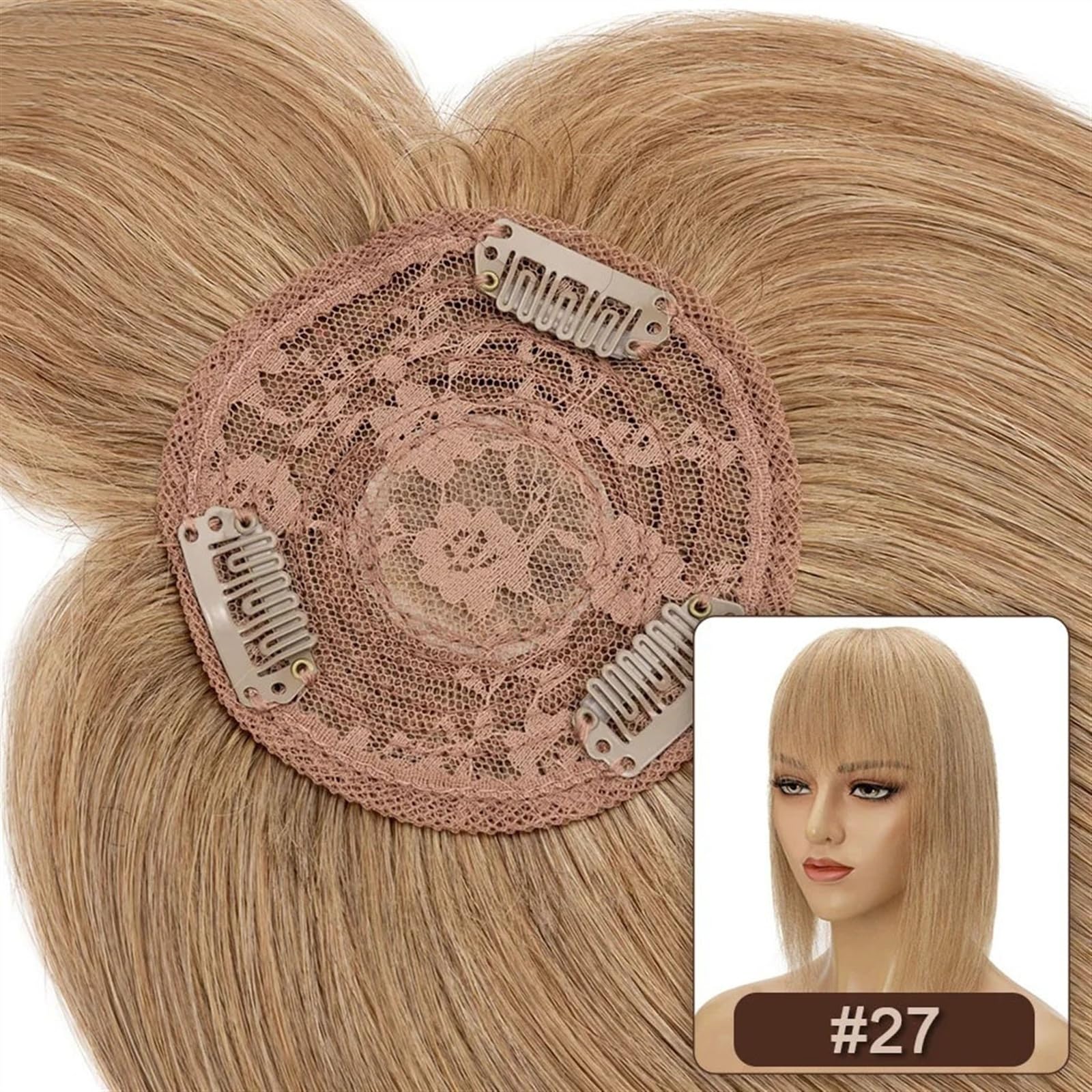 Haartopper für Frauen Haaraufsätze for Frauen mit dünner werdendem Haar, glatter Echthaaraufsatz mit Pony, 8,5 x 8,5 cm, weiche, atmungsaktive indische Haarteile mit 3 Clips Haarteil Topper Toupet Fra