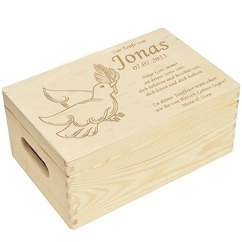 CHICCIE Holzbox Personalisiert zur Taufe Friedenstaube 30x20x14cm Natur Truhe