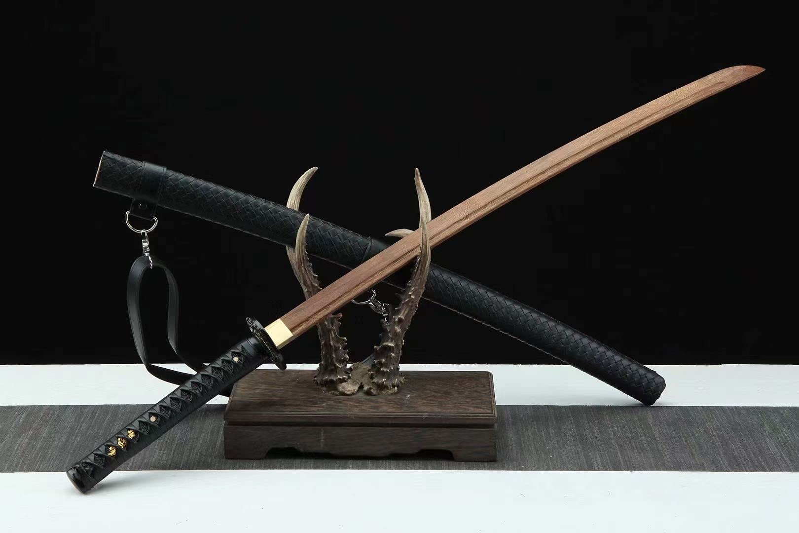 KPTKP Natürliches Palisander-Katana mit Massivholz-umwickelter Lederscheide, 105 cm, alle schwarzen Bokken, Holz-Samurai-Schwerter für Kendo-Training, Wohnkultur, Cosplay, Sammeln