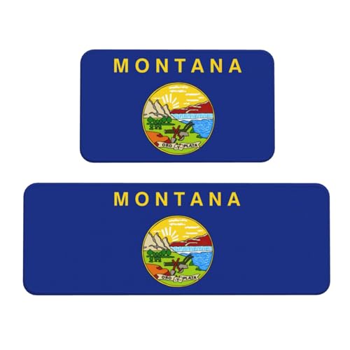 YQxwJL Montana State Flag Print Küchenteppich, rutschfeste Küchenmatte, 2er-Set, bequeme Stehfußmatten für Küche, Büro