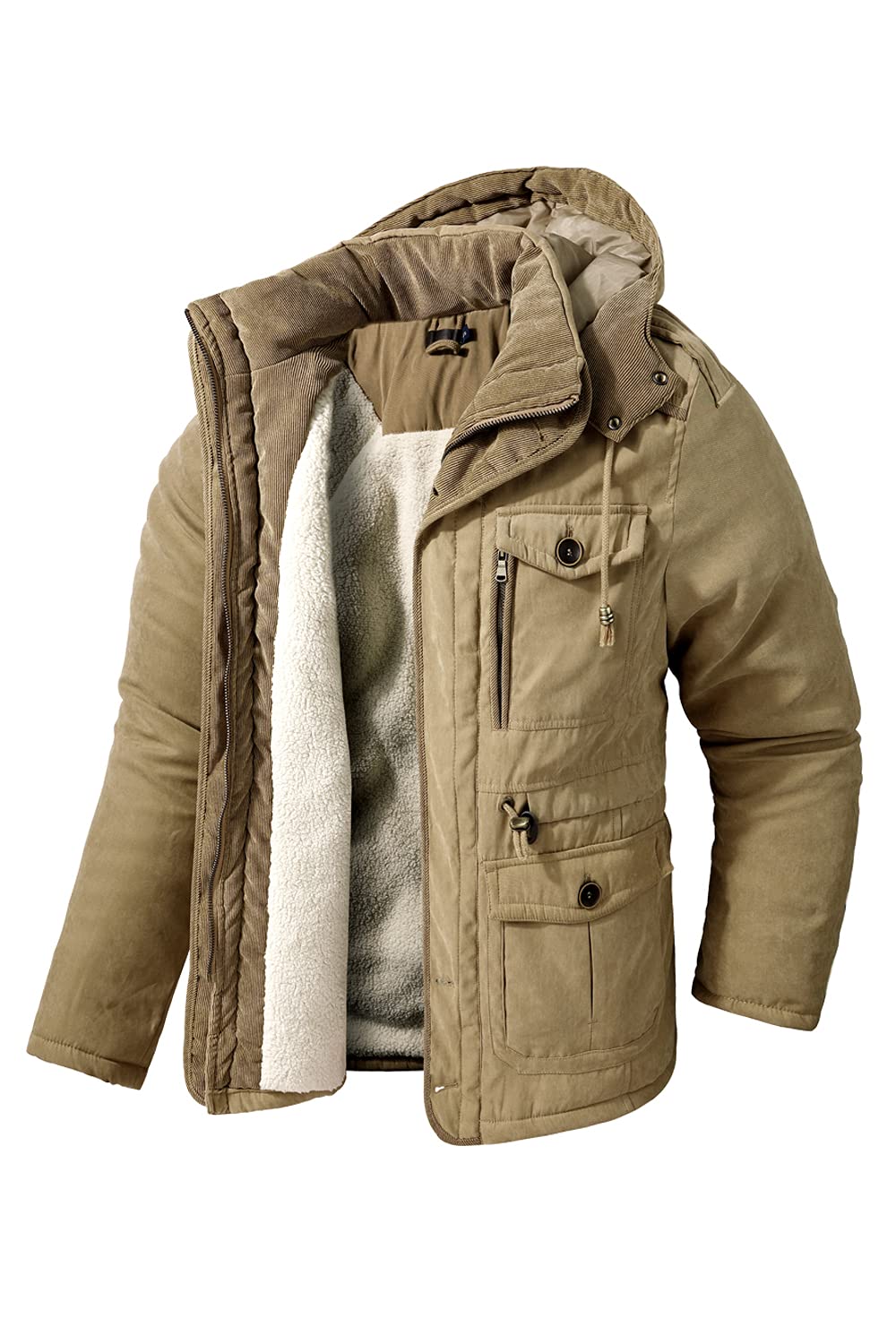 Mr.Stream Herren Winterjacke viele Taschen Mantel Fleecefutter schützendem Innenfutter Wärmejacke Lange Jacke Parka XL Khaki