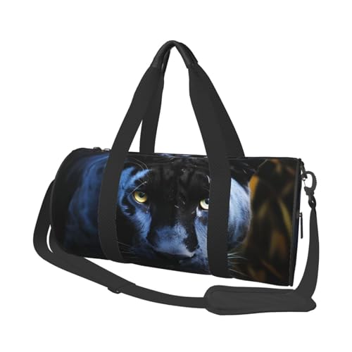 Panther Reisetasche mit blauen Augen, Handgepäck, Wochenendtasche, Übernachtungstasche, Sport, Turnbeutel für Damen und Herren, faltbar, runde Reisetasche für Reisen, Sport, Fitnessstudio, Schwarz,