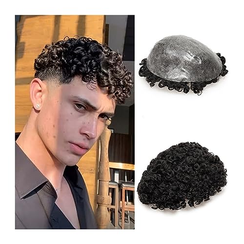 Herrenperücke Afro-Toupet for Männer, 0,12–0,14 mm Dicke, volle PU-Haut mit gewellter Vorderseite, Männer-Toupet, 15 mm Locken-Injektionsbasis, Haarteile, Echthaar-Systemeinheiten Herren-Toupet (Colo