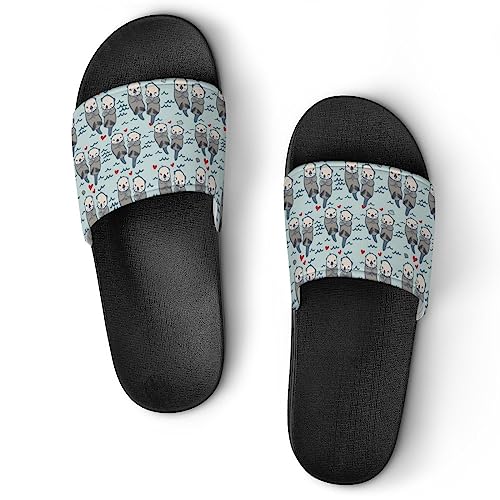 HABXNJF Duschpantoffeln, Sea Otter in Love Sliders für Männer und Frauen, rutschfeste Slides für Indoor, Outdoor, Schwarzer Meeresotter in Love, 42.5 EU